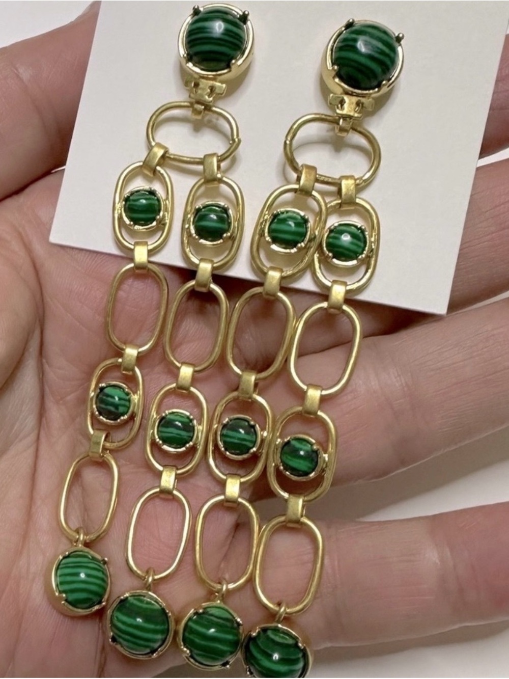 Rare Tory Burch Green semi precious stone chain drop earrings NWT MSRP $349